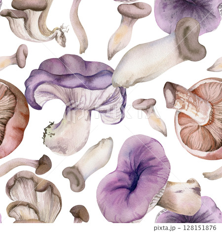 Russula webcap oyster hiratake mushroom. Nature seamless pattern hand drawn in watercolor. Vegan cooking edible raw ingredient. Scrapbooking decoupage stationery, wild food market wrapping, packaging 128151876