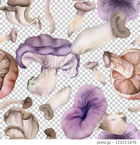 Russula webcap oyster hiratake mushroom. Nature seamless pattern hand drawn in watercolor. Vegan cooking edible raw ingredient. Scrapbooking decoupage stationery, wild food market wrapping, packaging 128151876