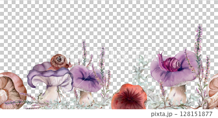 Russula webcap mushroom, snail on top, moss lichen growth, heather flowers. Seamless banner header hand drawn in watercolor. Forest floor habitat scene. Scrapbooking decoupage origami paper, stencils 128151877