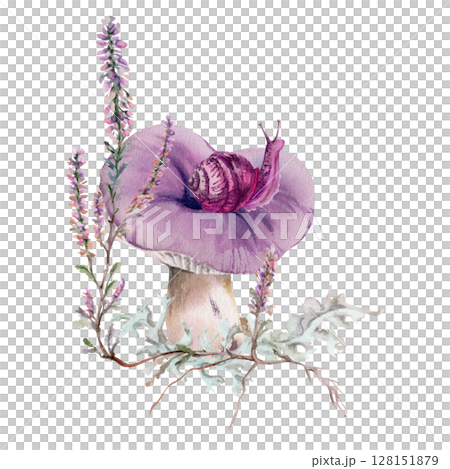 Russula webcap mushroom, snail on top, moss lichen growth, heather flowers. Forest floor habitat scene. Nature illustration hand drawn in watercolor. Gardening guides calendars, cards labels print art 128151879