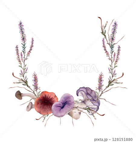 Russula webcap mushroom, snail on top, heather flowers, moss lichen growth. Forest floor habitat nature scene. Wreath frame hand drawn in watercolor. Label, tag design, menu recipe, wild food market 128151880