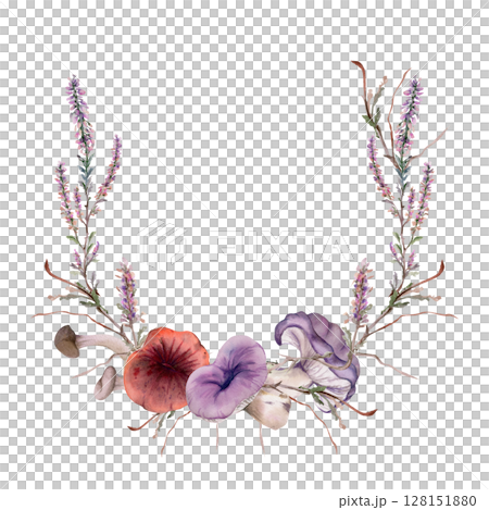 Russula webcap mushroom, snail on top, heather flowers, moss lichen growth. Forest floor habitat nature scene. Wreath frame hand drawn in watercolor. Label, tag design, menu recipe, wild food market Russula webcap mushroom, snail on top, heather flowers, moss lichen growth. Forest floor habitat nature scene. Wreath frame hand drawn in watercolor. Label, tag design, menu recipe, wild food market 128151880