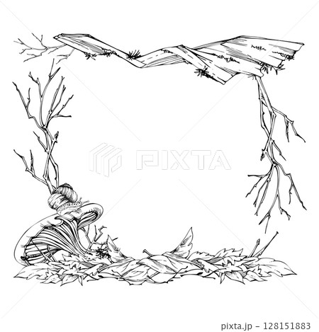 Russula cortinarius webcap mushroom, crawling snail on cap, on top of fallen autumn leaves pile with twigs. Square corner frame hand drawn in vector ink. Fungi natural forest floor, backyard garden. 128151883