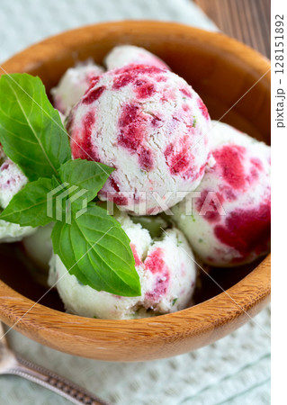 Strawberry Basil Ice Cream Close-Up. Strawberry Basil Ice Cream Close-Up. 128151892