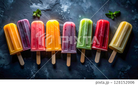 A row of colorful popsicles with green leaves on top. The popsicles are arranged in a line and are of different colors 128152006