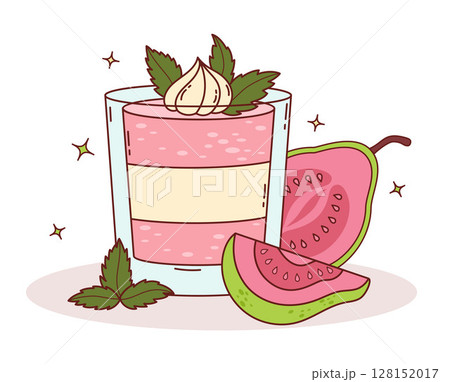 Guava Creamy sweet dessert with glass, Mint leaves and tropical Pink fruit slices. Vector Illustration. Exotic food, perfect for summer, menu design, packaging, and healthy lifestyle themes Guava Creamy sweet dessert with glass, Mint leaves and tropical Pink fruit slices. Vector Illustration. Exotic food, perfect for summer, menu design, packaging, and healthy lifestyle themes 128152017