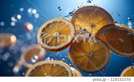 A close up of oranges with water droplets surrounding them. The oranges are sliced and floating in the water 128152178