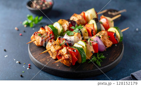A plate of skewers with vegetables and herbs on a wooden board. The plate is on a blue background 128152179
