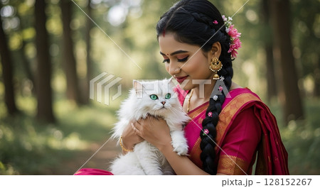Beautiful Indian woman girl holding cute fluffy cat in cozy forest. She has dark thick braided hair with flowers and golden earrings. Cat has green eyes. 128152267