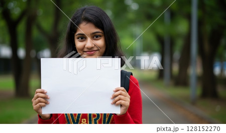 Girl with blank empty paper. Indian lady is advertising something in the park 128152270