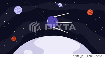 Artificial space satellite flies in open space around planet. Earth orbit among stars and planets. Soviet Sputnik flight. Cosmos exploration spaceship shuttle. Vector astronomy concept 128152284