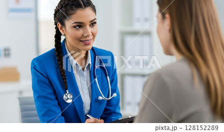 Female doctor is listening to female patient with empathy in clinic or hospital. Doctor has stethoscope, she looks confident, professional and friendly. 128152289