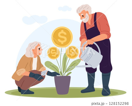Elderly man and woman watering money plant. Retirement savings. Grandma and grandpa planning finance profit. Financial fund for seniors. Grandparents investing currency. Vector concept 128152298