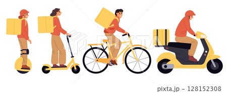 Fun delivery service couriers on scooters or bicycles. Man with backpack ride on monocle gyroscooter. Deliveryman on moped. Order logistic. Electric bike. Vector delivers transport set 128152308