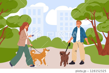 Guy and girl walk their dogs in summer city park. Urban streets stroll. People together with puppies outdoor. Domestics doggy animal at leash. Couple in nature. Pet owners. Vector concept Guy and girl walk their dogs in summer city park. Urban streets stroll. People together with puppies outdoor. Domestics doggy animal at leash. Couple in nature. Pet owners. Vector concept 128152325