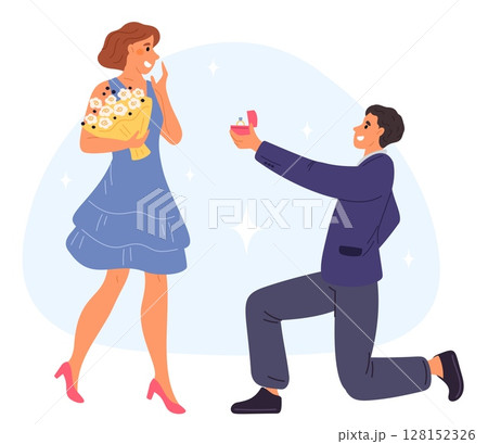 Guy gives joyful girl ring and asks her to marry him. Beloved couple engagement. Young girlfriend and boyfriend on knees proposing wedding jewelry. Lovers relationship. Vector concept 128152326