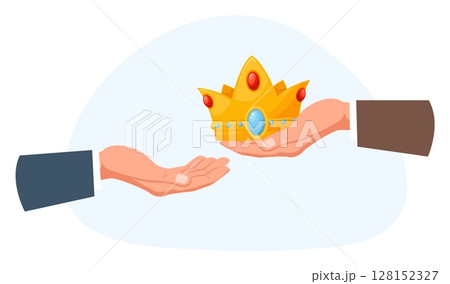 Hand businessman passes golden crown to another business man. Change of leadership. Success startup. Leader insignia. Boss authority. Successful winner. Career award. Vector concept 128152327