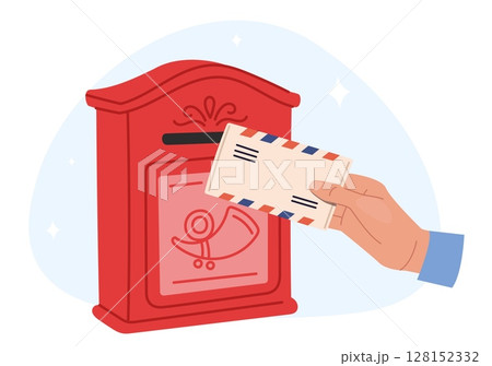 Hand tosses envelope with letter into red mailbox. Correspondence delivery. Postbox address. Outdoor letterbox. Send and receive paper mail. Post messages communication. Vector concept Hand tosses envelope with letter into red mailbox. Correspondence delivery. Postbox address. Outdoor letterbox. Send and receive paper mail. Post messages communication. Vector concept 128152332