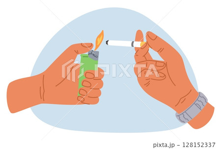 Hands holding lighter and tobacco cigarette. Ciggy smoking. Light nicotine stick. Smoker arms burning cigar for smoke. Unhealthy habit and addiction. Flame accessory. Vector concept Hands holding lighter and tobacco cigarette. Ciggy smoking. Light nicotine stick. Smoker arms burning cigar for smoke. Unhealthy habit and addiction. Flame accessory. Vector concept 128152337
