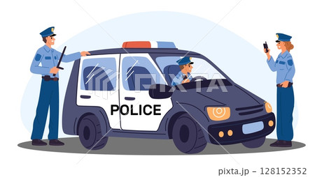 Male and female police officers standing outside police car. Cops group. Patrol automobile. Policeman with radio and baton. Sheriff transport. Guard inspectors team. Vector concept 128152352