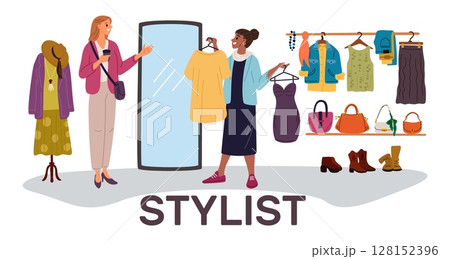 Girl offers personal stylist services to another woman. Professional shopper in store. Female trying clothing with specialist. Fashion consultant. Fashionable wardrobe. Vector concept Girl offers personal stylist services to another woman. Professional shopper in store. Female trying clothing with specialist. Fashion consultant. Fashionable wardrobe. Vector concept 128152396