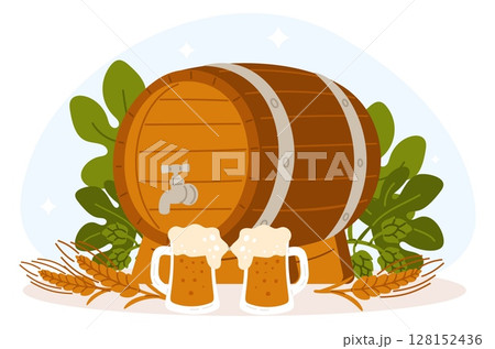 Large wooden beer barrel. Ingredients for brewing ale. hop leaves. Wheat ear. Pub pint. Glasses with foamy beverage. Alcohol drink. Brewery wood cask. Oktoberfest lager. Vector concept 128152436