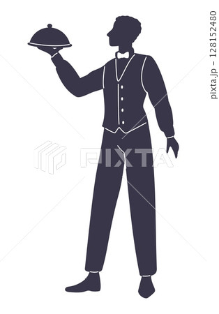 Silhouette of waiter holding tray of food. Cafe staff carrying plate. Dish with cloche. Catering service. Servant and butler in uniform. Banquet serving. Vector restaurant hospitality 128152480