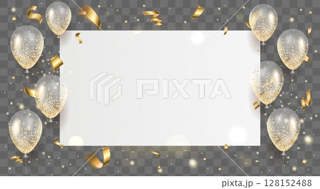 White holiday poster. Inflatable balloons with gold confetti and glitter. Congratulations placard. Transparent frame. 3D inflated balls. Birthday party banner invitation. Vector background White holiday poster. Inflatable balloons with gold confetti and glitter. Congratulations placard. Transparent frame. 3D inflated balls. Birthday party banner invitation. Vector background 128152488