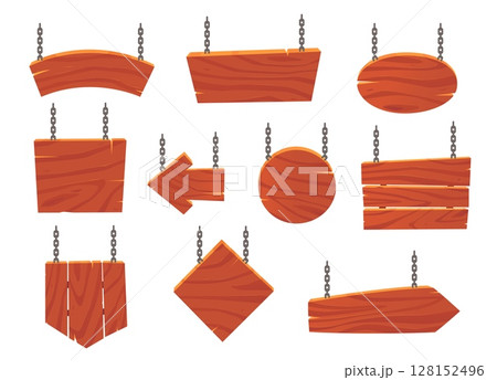 Wooden signs or boards suspended from metal chain. Travel guidepost. Directional roadsign. Tavern billboard. Wood navigation arrow. Timber signage pointer. Vector hanging signboards set 128152496