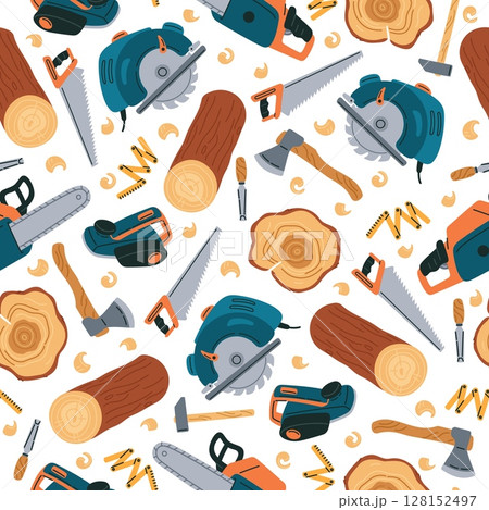 Woodworking tools seamless pattern. Carpentry equipment. Saw and axe. Industrial hammer. Repeated print. Chisel and chainsaw. Carpenter planer. Forestry instrument. Vector background 128152497