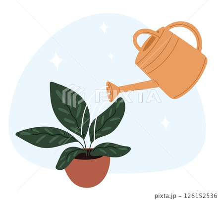 Yellow watering can pouring water on green indoor plant. Ficus in brown pot. Room flowers irrigation. Home gardening. Caring of houseplant. Seedling growing in flowerpot. Vector concept Yellow watering can pouring water on green indoor plant. Ficus in brown pot. Room flowers irrigation. Home gardening. Caring of houseplant. Seedling growing in flowerpot. Vector concept 128152536