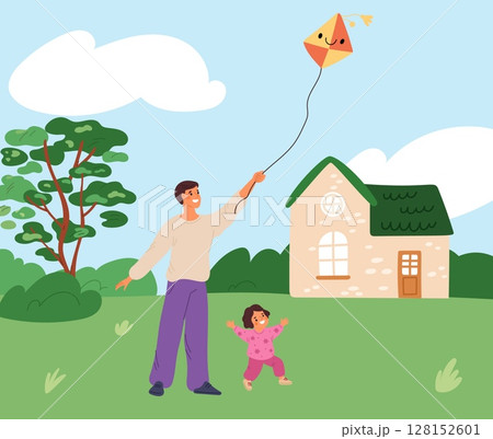 Young father and child fly kite on lawn of country house. Dad and daughter playing together on meadow. Backyard game. Parent and kid launching toy in sky. Vector fatherhood concept 128152601