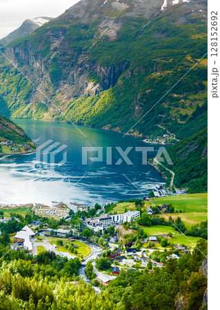 Geirangerfjord and Geiranger village in Norway Geirangerfjord and Geiranger village in Norway 128152692