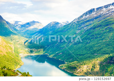 View on Geirangerfjord from Flydasjuvet viewpoint Norway 128152697