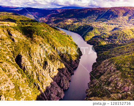 Aerial view of river Sil Canyon, Galicia Spain 128152716