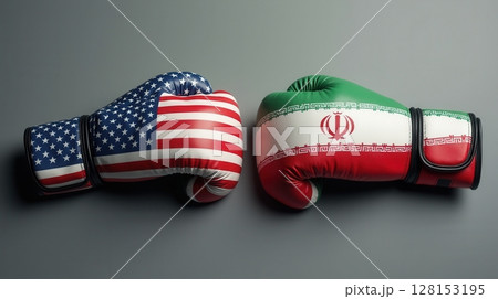 Two boxing gloves with American and Iranian flags face off on gray Two boxing gloves with American and Iranian flags face off on gray 128153195