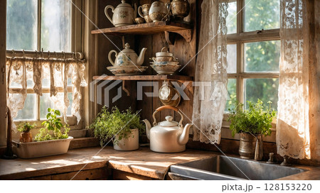 A kitchen with a tea kettle on a wooden shelf and a window with lace curtains. The kitchen has a rustic feel with a lot of greenery and plants 128153220