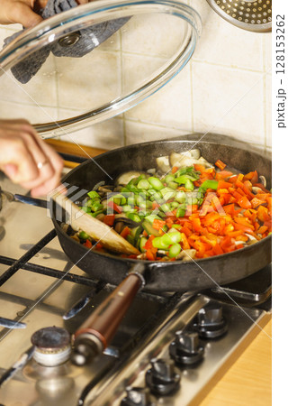 Chopped vegetables on frying pan Chopped vegetables on frying pan 128153262
