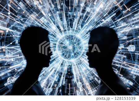 Two Silhouettes Facing Each Other with Digital...のイラスト素材 [128153339 ...