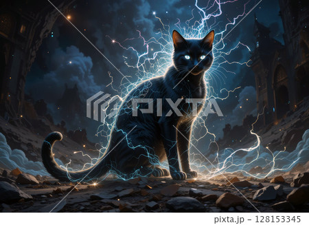 Mystical Black Cat Surrounded by Electric Energy in a Dark Dramatic Setting. 128153345