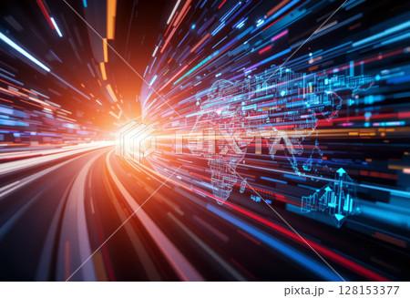Digital Acceleration Concept With World Map and Dynamic Light Trails. 128153377