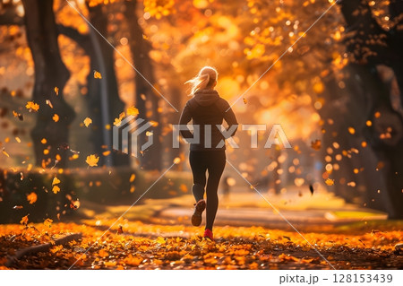 Woman Jogging Through Colorful Autumn Park 128153439