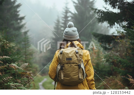 Woman Hiking Solo on Forest Trail 128153442