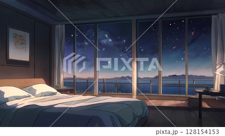 ゲーム背景　夜のホテルの部屋から見える星空夜景 128154153
