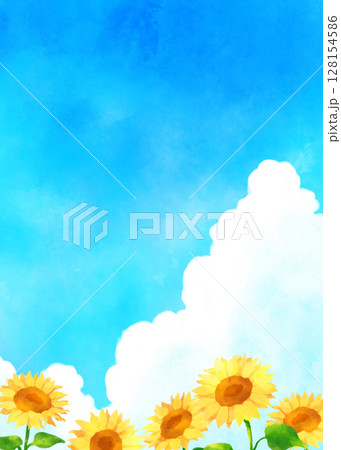ひまわりと入道雲と青い空の水彩画 128154586