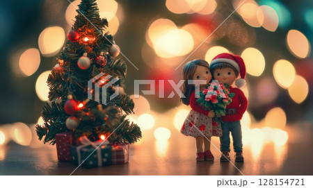christmas couple figurines by decorated tree christmas couple figurines by decorated tree 128154721