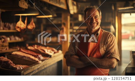 happy butcher in his shop 128154751