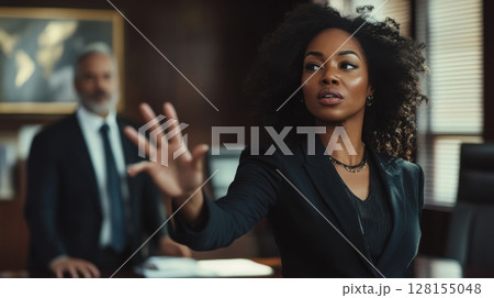 powerful businesswoman leading a meeting 128155048