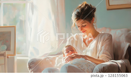 mother and baby in sunlit room 128155063