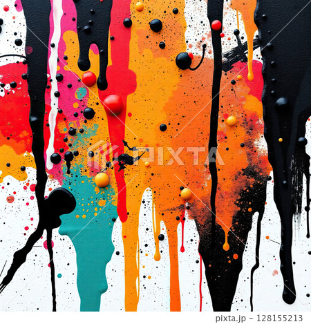 Vivid abstract painting with chaotic patterns and bold color contrasts. 128155213